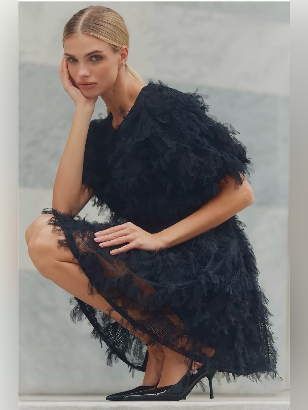 Endless Rose Gridded Mesh Faux Feather Puff Sleeve Mini Dress Black Small